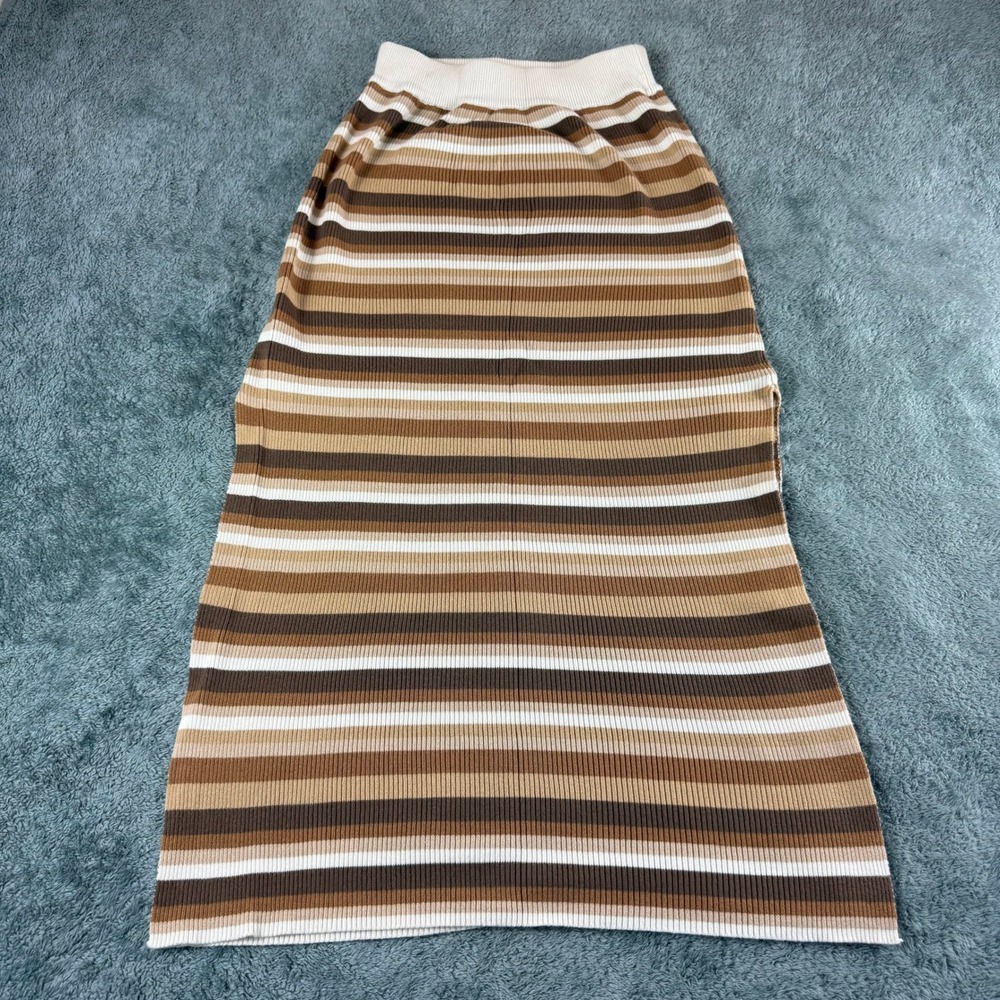 Raised by Water Brown Striped Ribbed Knit Maxi Skirt Small 100% Cotton Side Slit